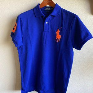 Ralph Lauren New Men's Big Pony Player Mesh Knit Polo Royal w/Navel Orange NWT